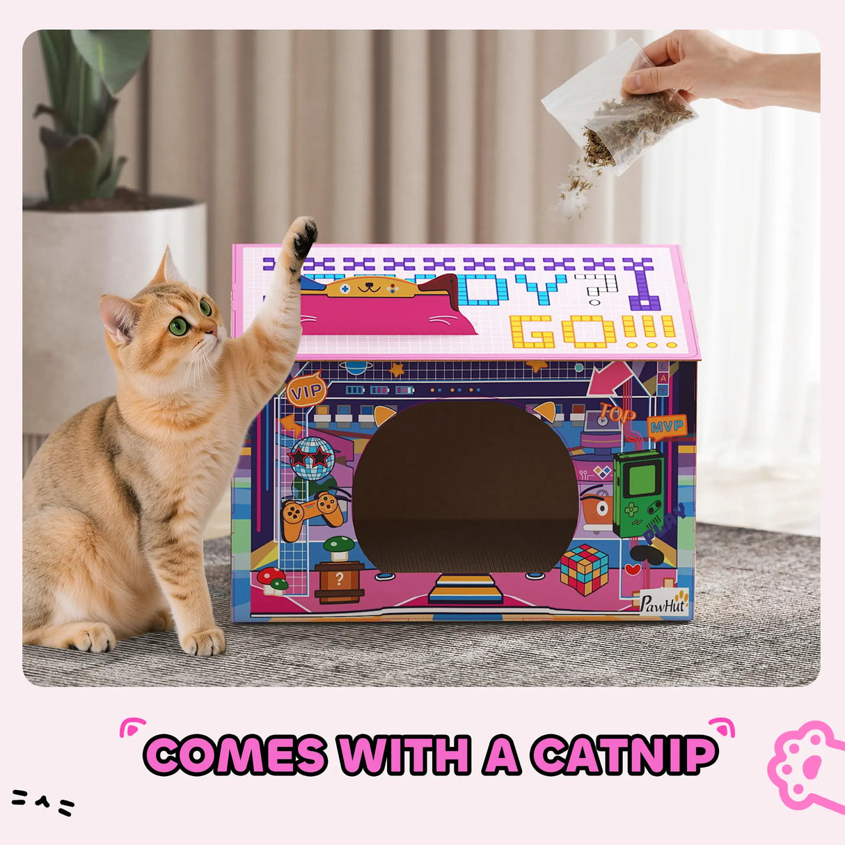 PawHut 2 in 1 Gaming Style Cardboard Cat House with Scratching Board & Catnip for Indoor Cats, Pink