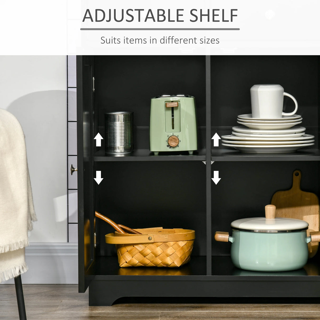 HOMCOM Sideboard with Rubberwood Top and Adjustable Shelves for Dining Room, Kitchen - Black