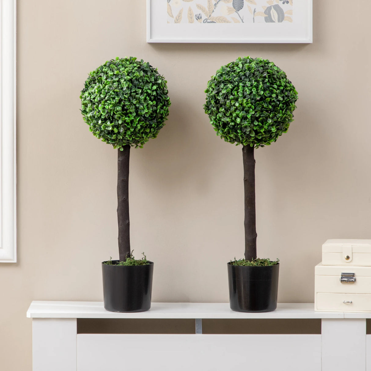 HOMCOM Set of 2 Artificial Plants Boxwood Ball Trees in Pot Fake Plants for Home Indoor Outdoor Decor, 20x20x60cm, Green