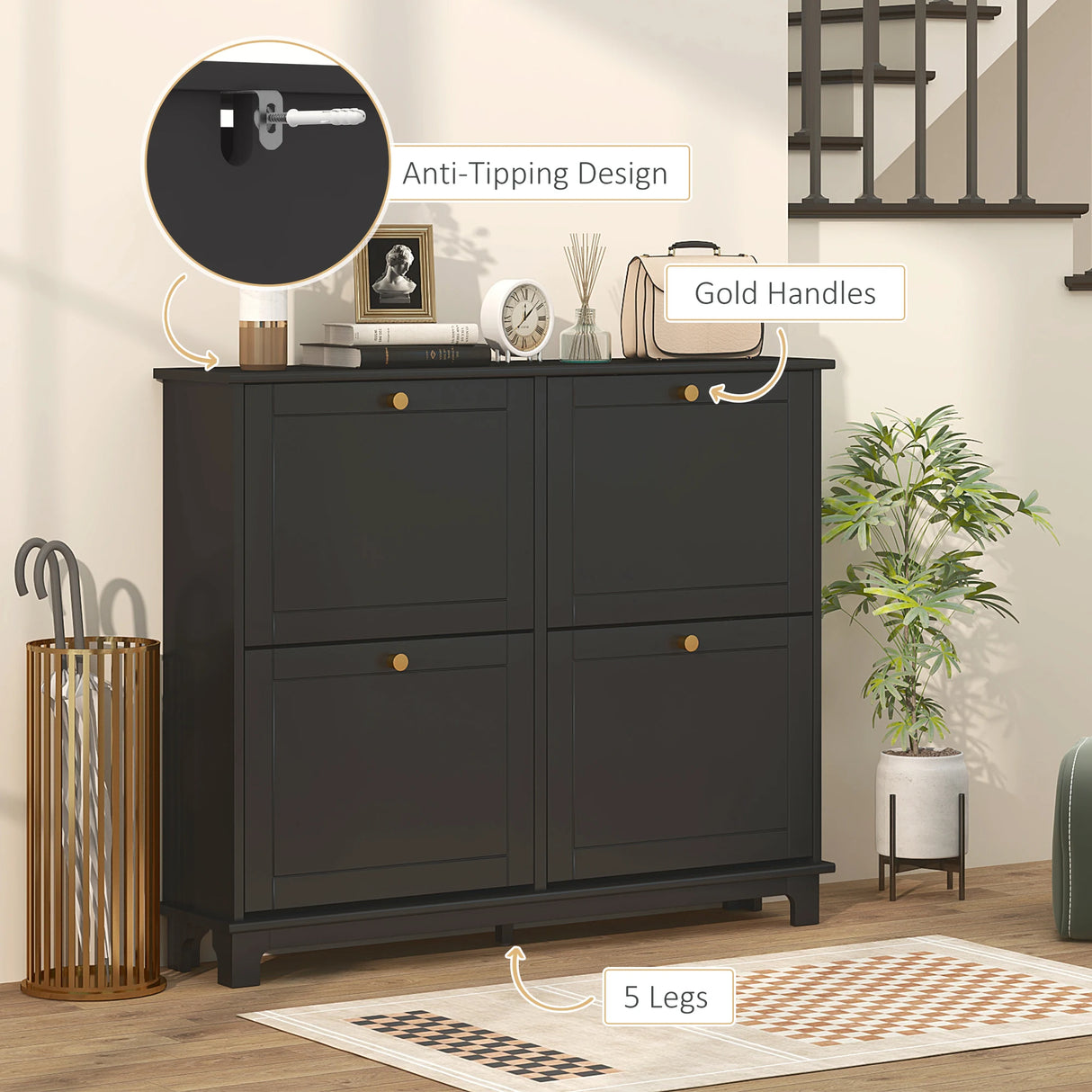 HOMCOM Narrow Shoe Storage Cabinet, Slim Shoe Cabinet with 4 Flip Drawers, Adjustable Shelves for 16 Pairs of Shoes, Black