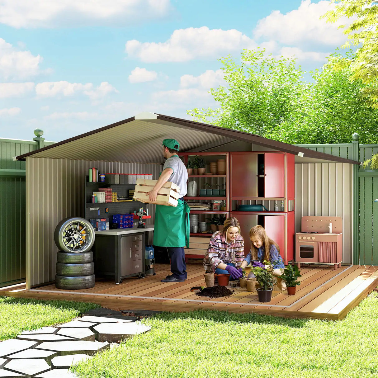Outsunny 13 x 11ft Metal Garden Shed, Outdoor Storage Tool House with Ventilation Slots, Foundation Kit and Lockable Double Doors, Light Brown