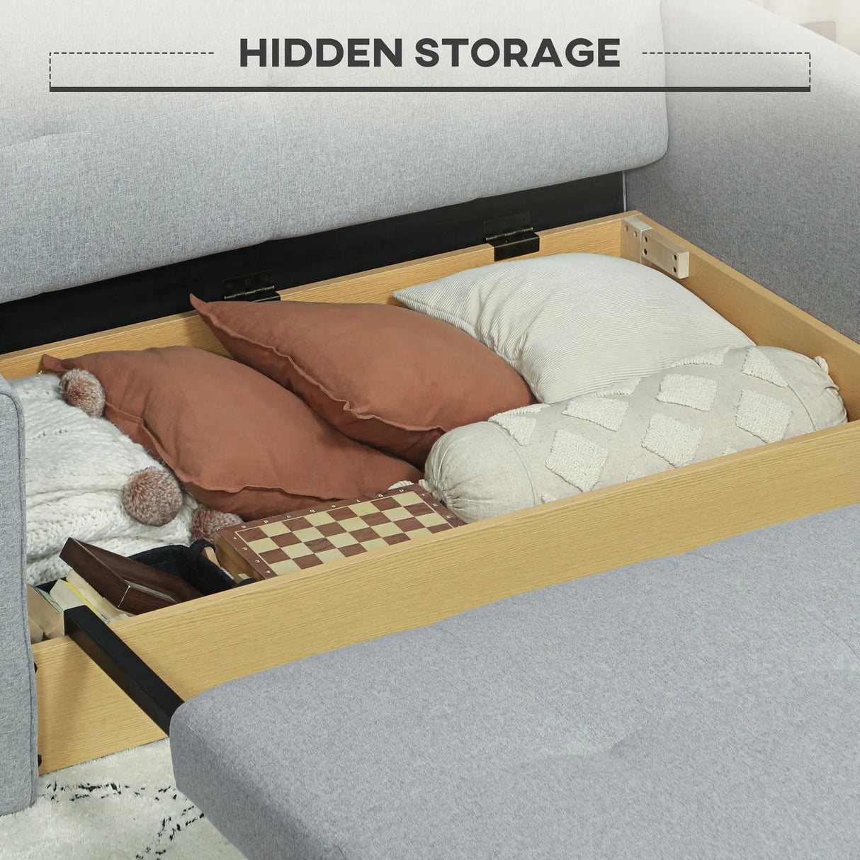 HOMCOM 2 Seater Sofa Bed with Hidden Storage, Pull Out Convertible Bed Settee, Modern Linen Loveseat Sofa Sleeper with 2 Cushions for Living Room, Guest Room, Light Grey