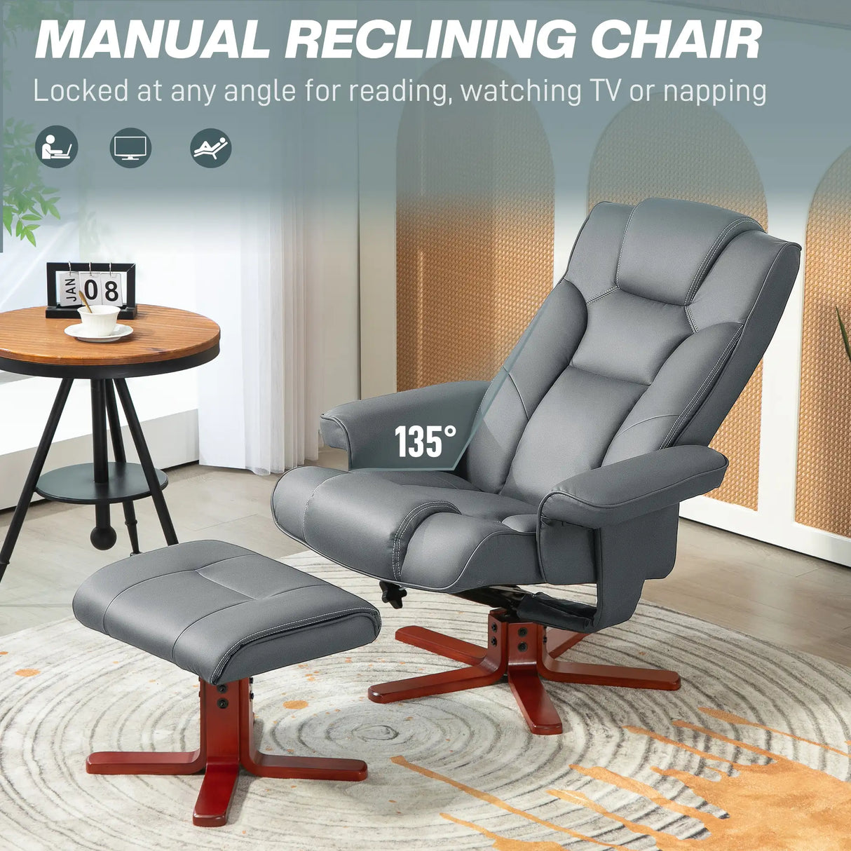 HOMCOM Faux Leather Manual Recliner and Footstool Set - Grey