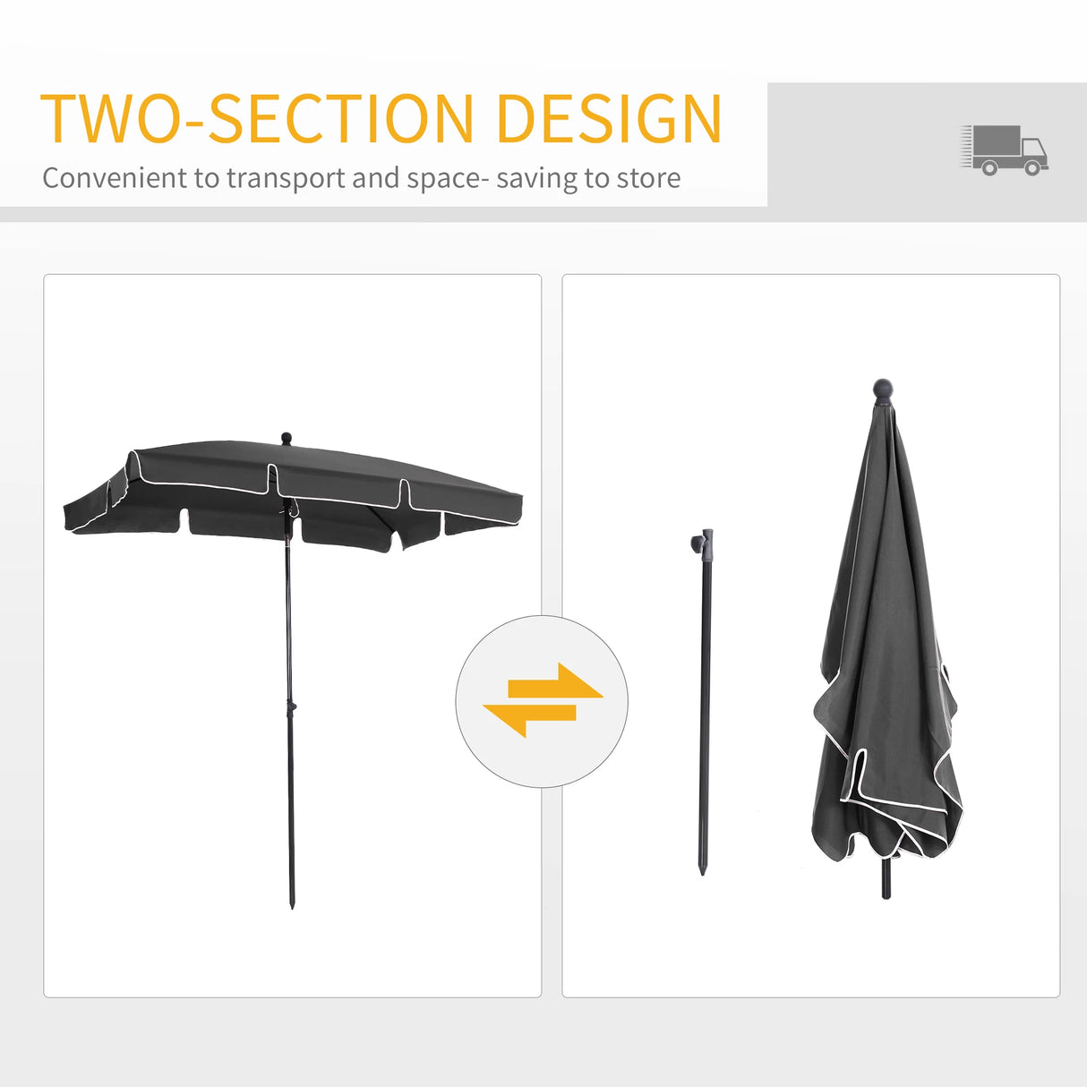 Outsunny Garden Parasol Umbrella, Outdoor Market Table Umbrella with Ruffles & Aluminium Pole, Rectangular Tilting Parasol Sun Shade Canopy, 2 x 1.3m, Grey