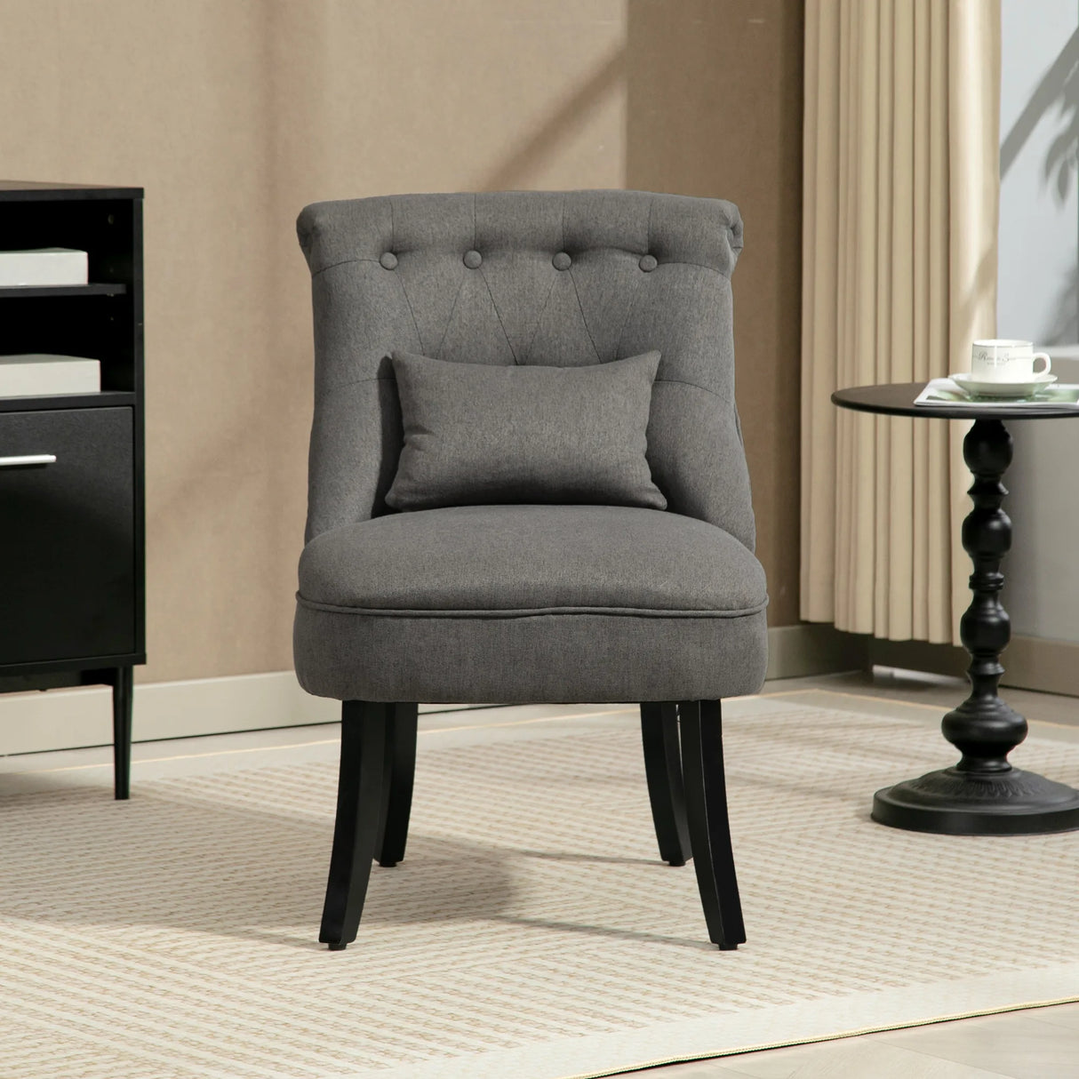 HOMCOM Fabric Single Sofa Dining Chair Tub Chair Upholstered W/ Pillow Solid Wood Leg Home Living Room Furniture Charcoal Grey
