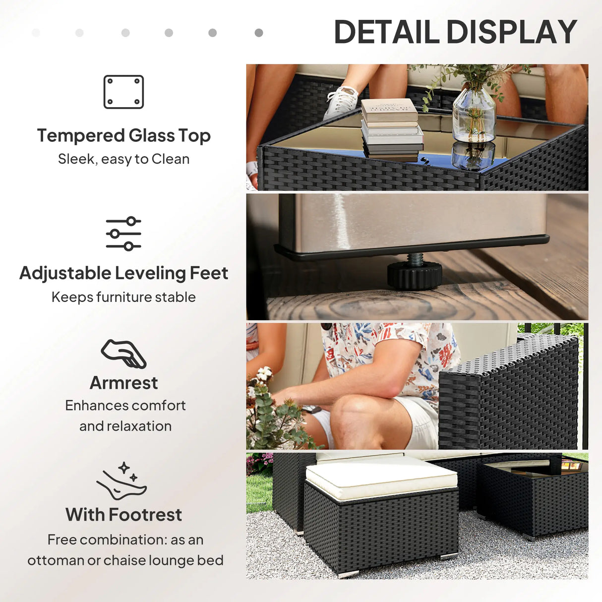Outsunny 3 Pieces Garden Furniture Set w/ Cushions, PE Rattan Wicker Conversation Corner Sofa Set
