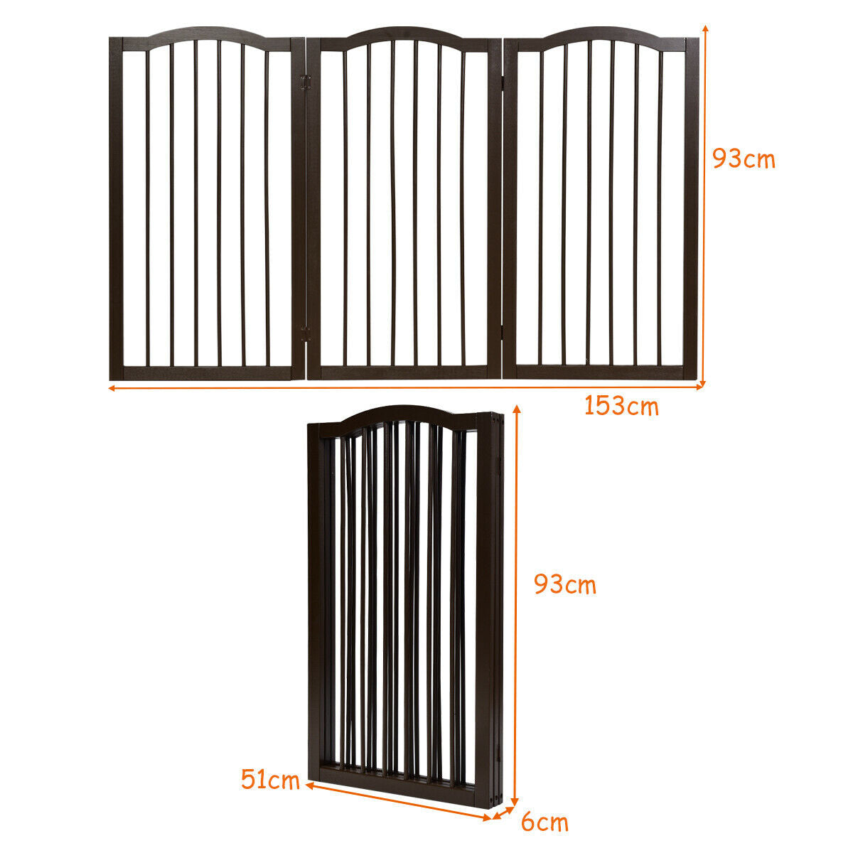 3-Panel Wooden Freestanding Pet Gate w/ Arched Top