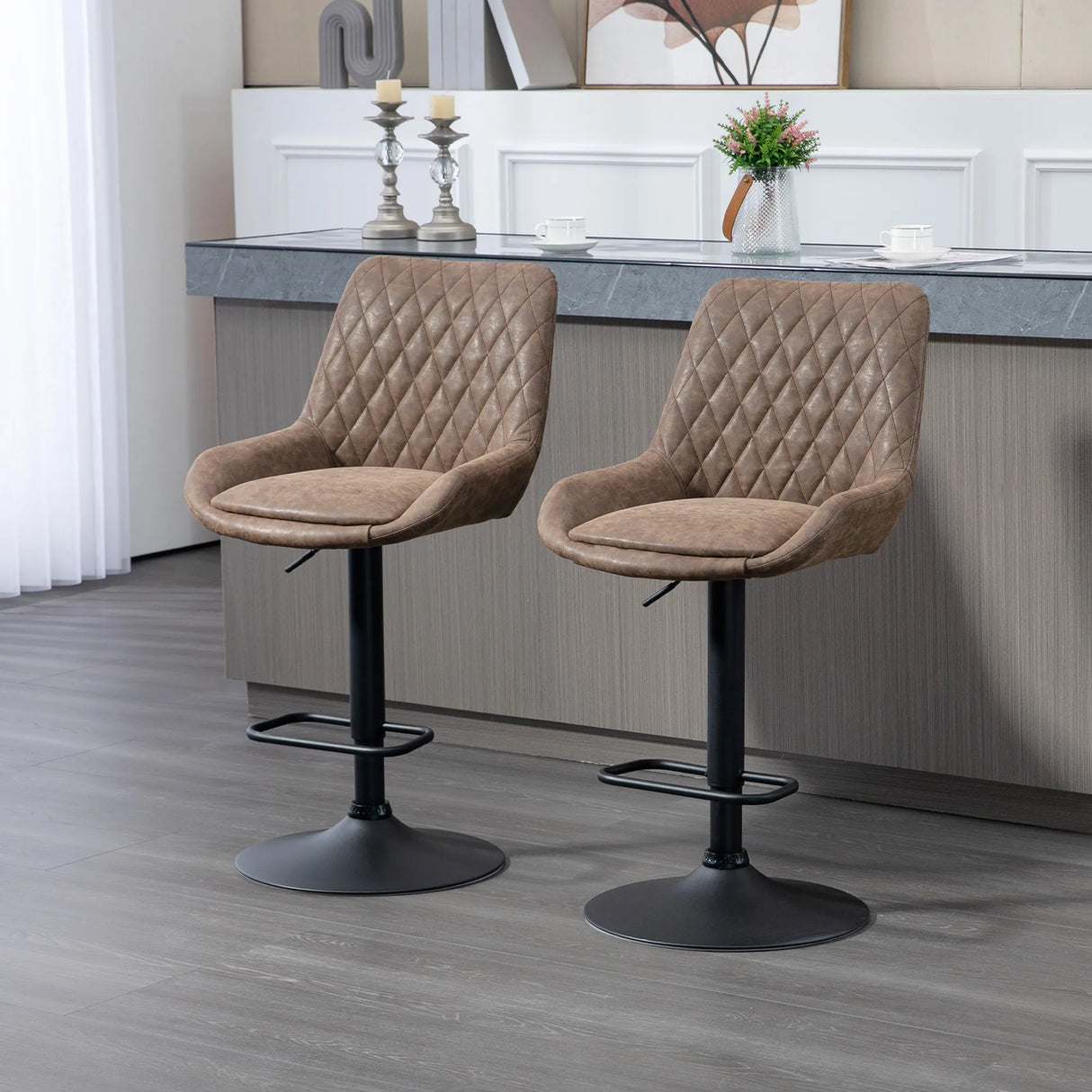 HOMCOM Adjustable Faux Leather Retro Bar Stools For Home Use, Brown