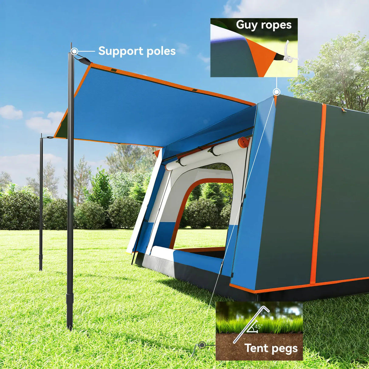 Outsunny 4-6 Man Camping Tent, Double Layer Tunnel Tent with Porch, Living Area and 2 Bedrooms, Sewn in Groundsheet, 3000mm Waterproof and UPF 30+, Portable with Bag, Blue