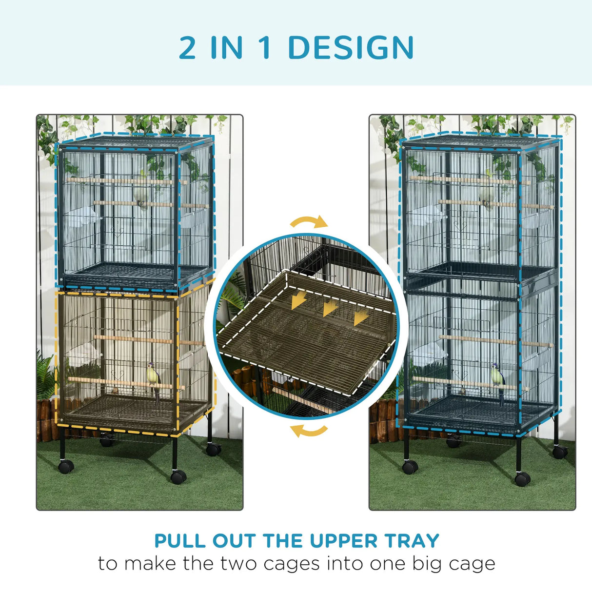 PawHut Bird Cage Budgie Cage 2 In 1 Large Aviary with Wheels Removable Trays for Finch Canaries Cockatiels Black