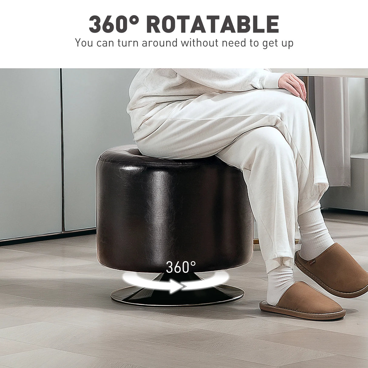 HOMCOM 360 Swivel Foot Stool Round PU Footstool with Thick Sponge Padding and Solid Steel Base, Brown