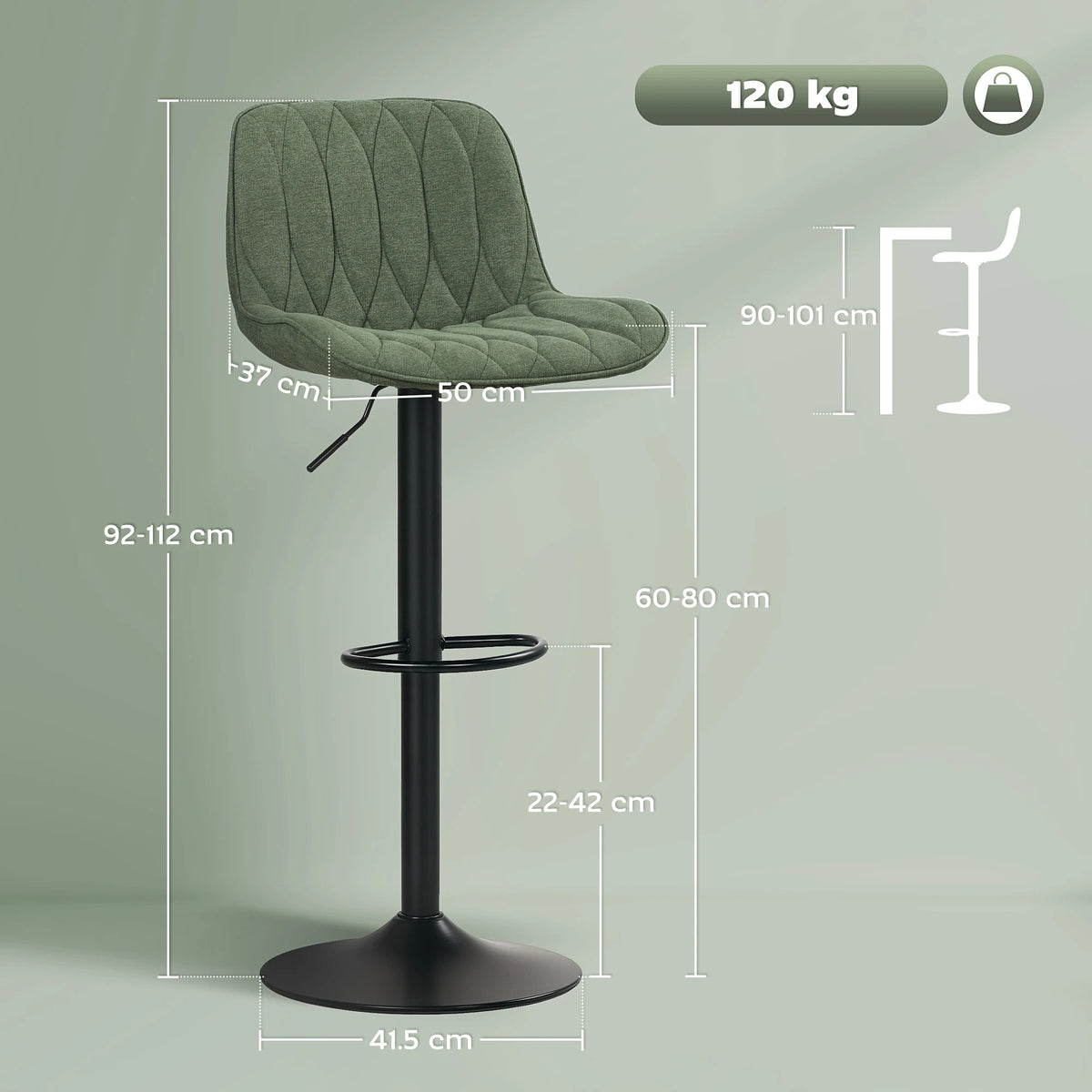 HOMCOM Breakfast Bar Stools Set of 2 Linen upholstery 60-80cm Adjustable Height - Green