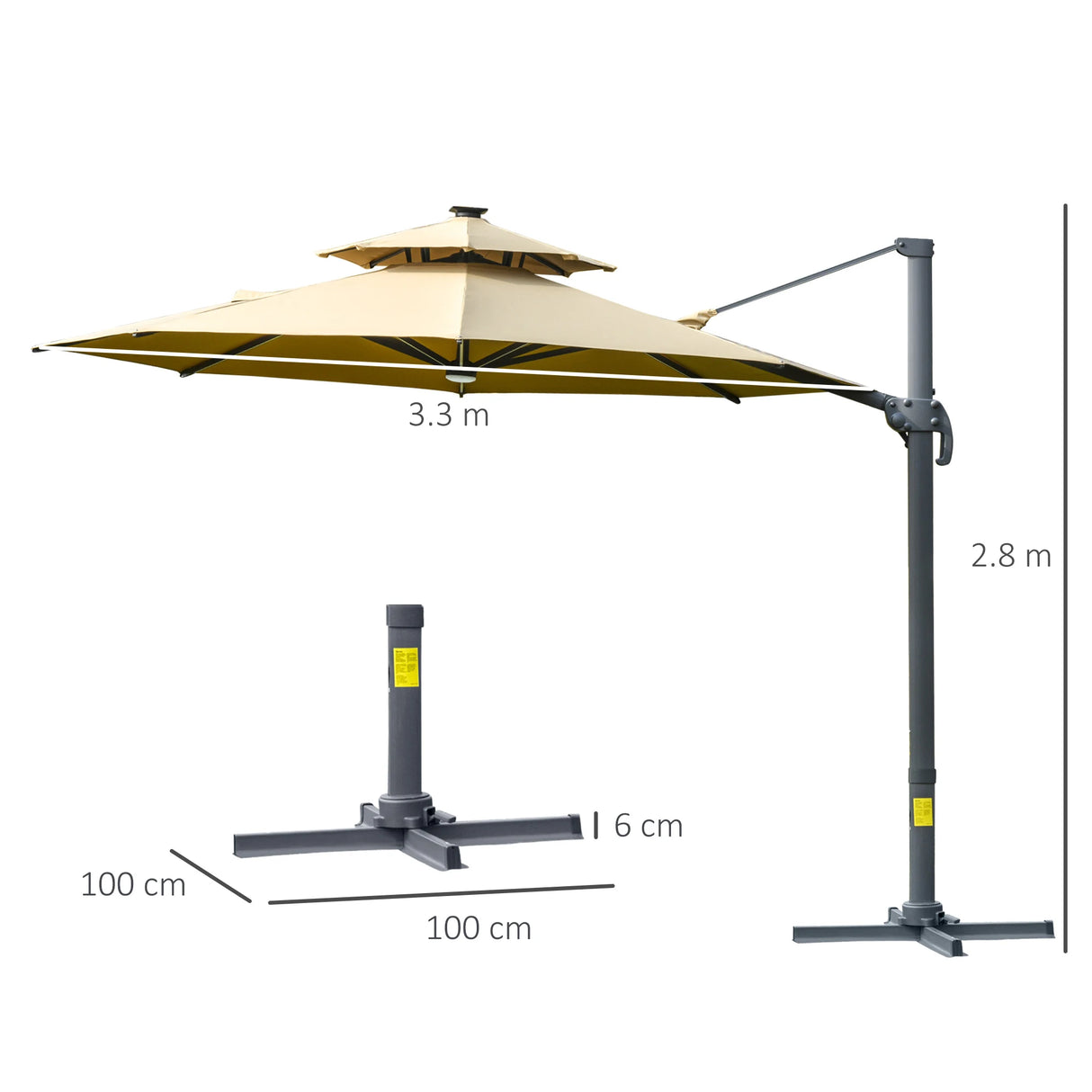 Outsunny 3m Cantilever Parasol w/ Solar Lights Power Bank Base 360 Spin Khaki