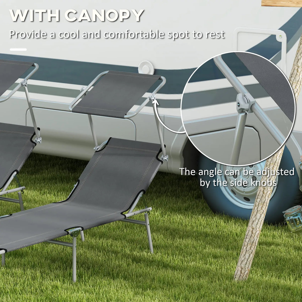 Outsunny Outdoor Foldable Sun Lounger Set of 2, 4 Level Adjustable Backrest Reclining Sun Lounger Chair with Angle Adjust Sun Shade Awning for Beach, Garden, Patio, Grey