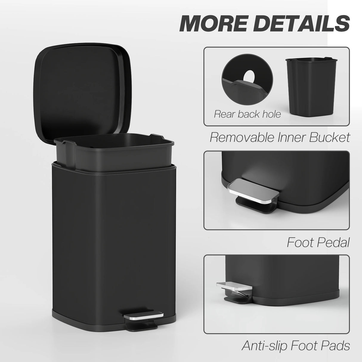 HOMCOM 20L Modern Boxy Metal Home Kitchen Bin - Black