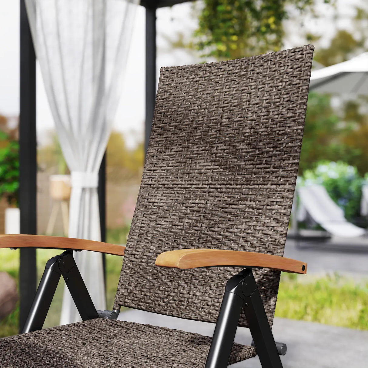 Outsunny 2 Pieces Folding Rattan Garden Dining Chairs with 5-level Reclining High Back, Wood Armrests for Outdoor - Brown