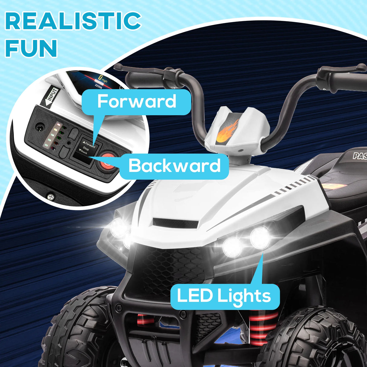 AIYAPLAY 12V Kids Electric Quad Bike w/ Spring Suspension System, Forward, Backward, LED Light, Music, MP3, White
