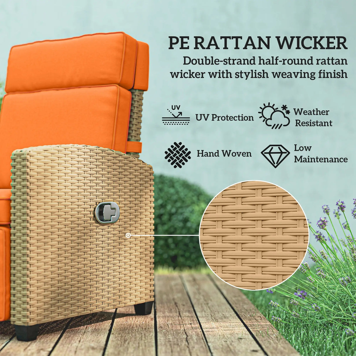 Outsunny 145 Reclining Rattan Armchair, with Footrest - Khaki/Orange