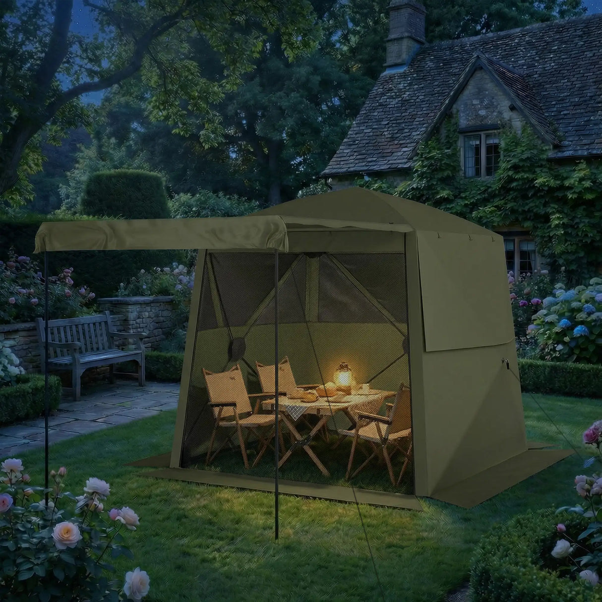 Outsunny Pop Up Gazebo Waterproof Instant Shelter with Awning Mesh Windows for Camping Patio 2 x 2 m, Army Green