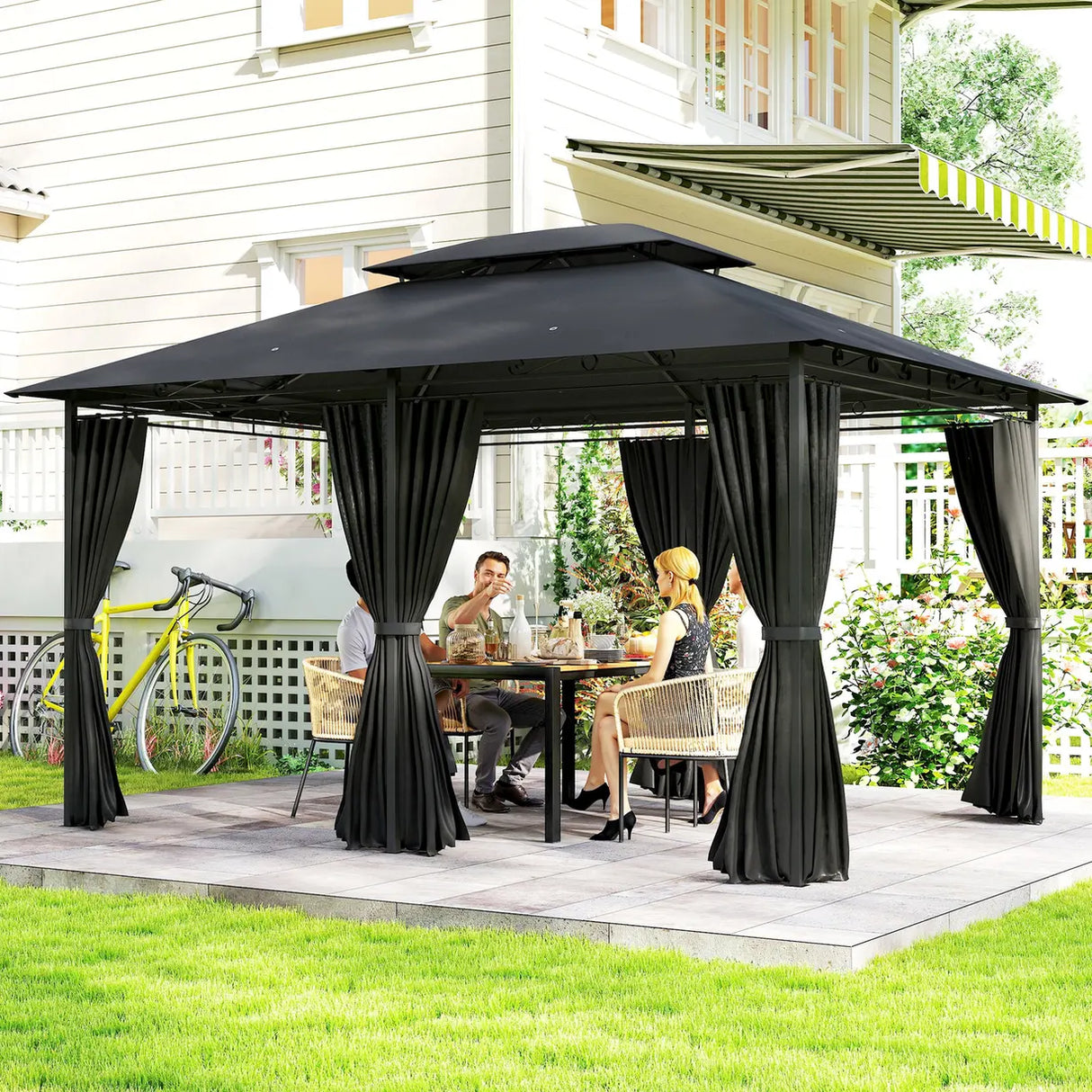 Outsunny 3 x 4m Steel Gazebo, with Curtains - Black