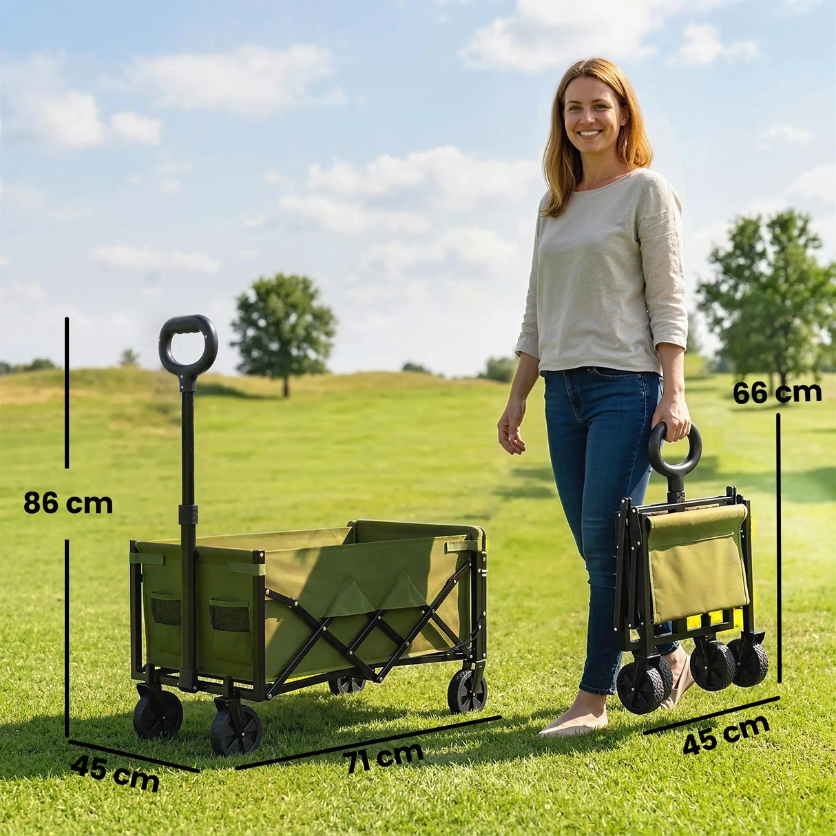Outsunny 60L Foldable Festival Trolley on Wheels, Collapsible Wagon Cart with Drop-Down Tailgate, Adjustable Handle, Green