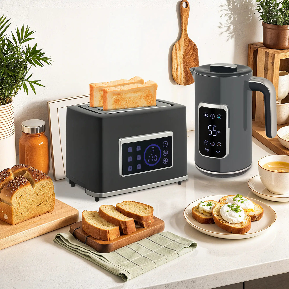 HOMCOM Touch Screen Kettle and Toaster Set - Grey