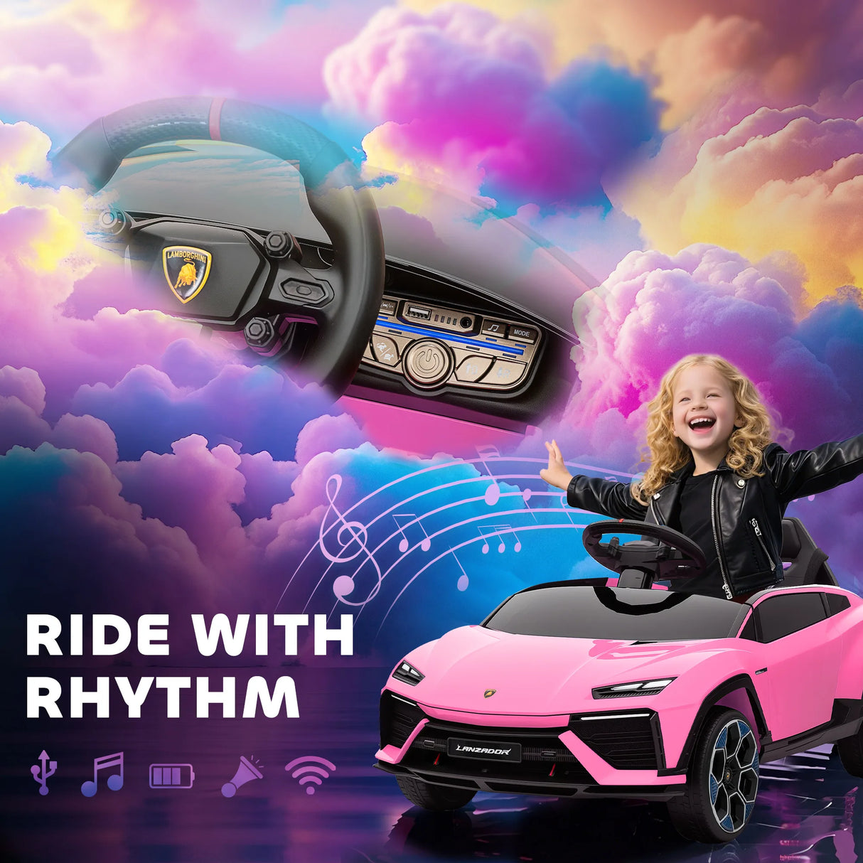 AIYAPLAY 12V Licensed Lamborghini Electric Cars for Kids, Ride On Car with Remote Control for 3-6 Years Old, Pink