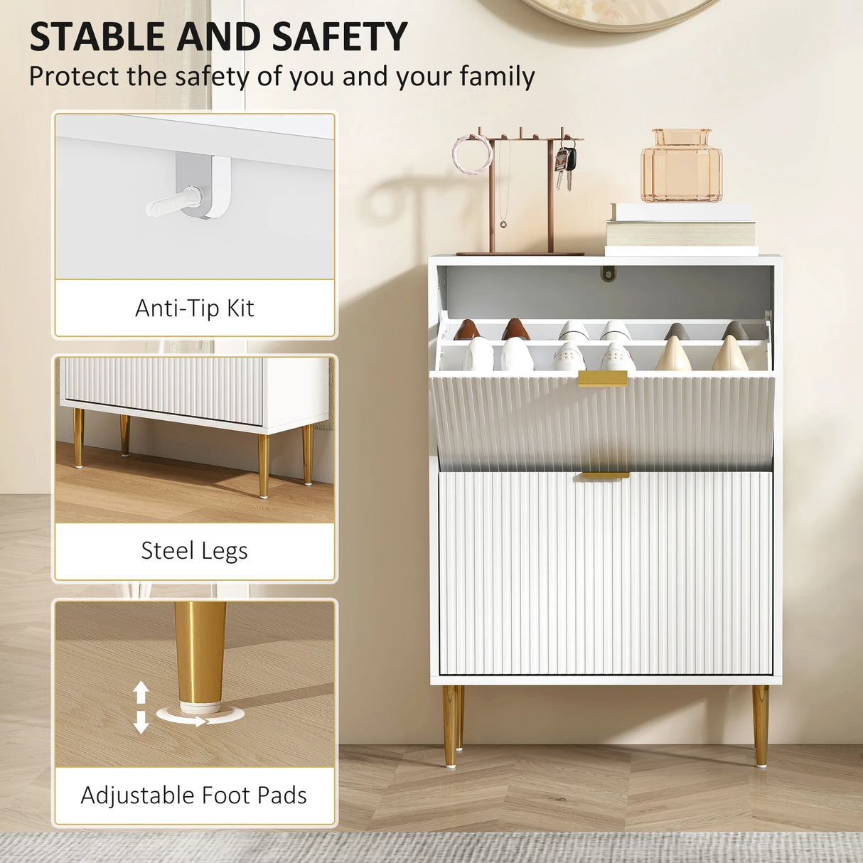 HOMCOM Narrow Shoe Cabinet with 2 Flip Drawers - White