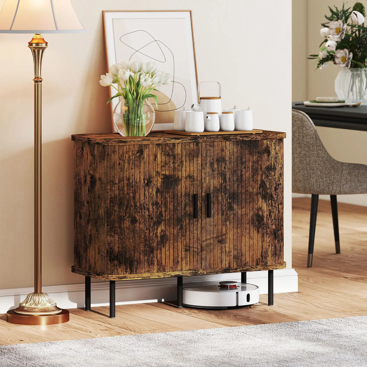 HOMCOM Mid-Century Modern Sideboard Storage Cabinet with Slatted Tambour Sliding Doors, Kitchen Cabinet with Steel Legs, Rustic Brown