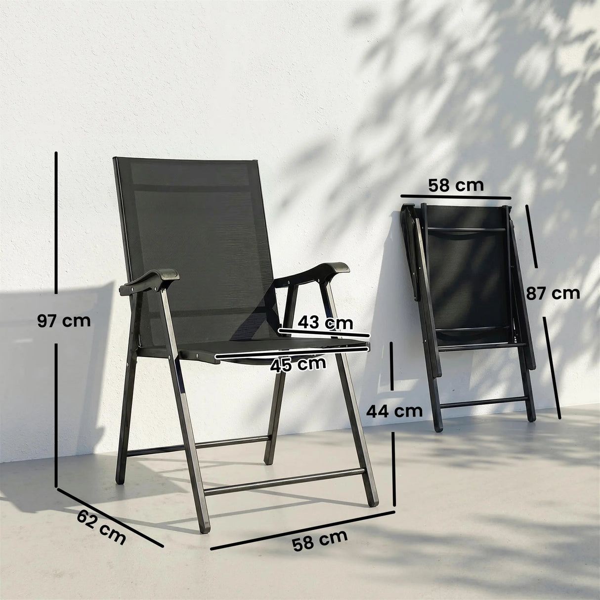 Outsunny Folding Garden Chairs Set of 2, Foldable Garden Dining Chairs with High Back, Armrests, Texteline Seat, Black
