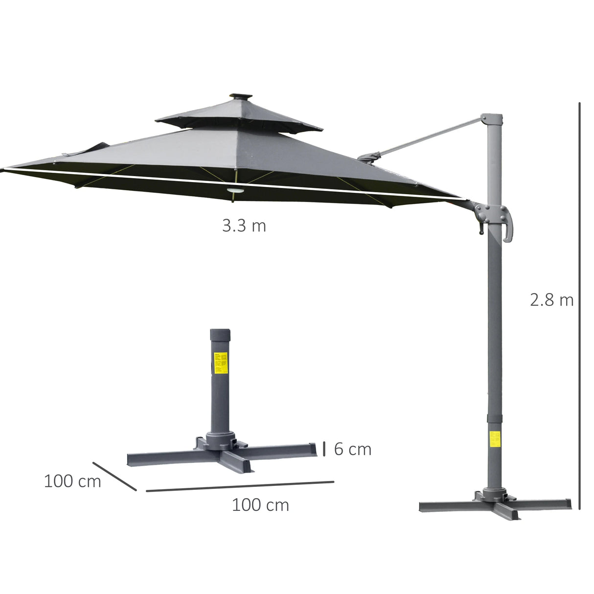 Outsunny 3m Cantilever Parasol w/ Solar Lights Power Bank Base 360 Spin Dark Grey