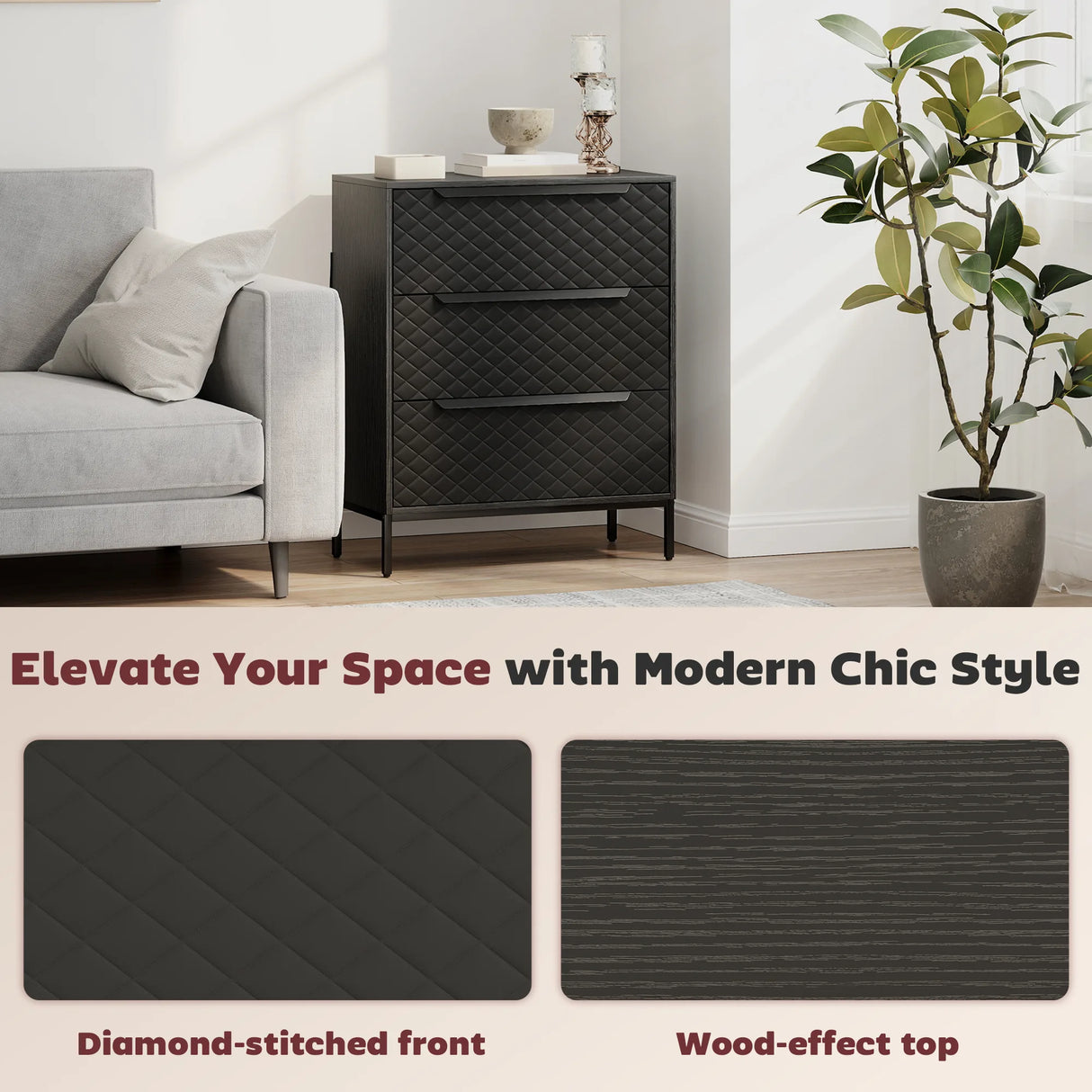 HOMCOM Chest of Drawers, Dresser with 3 Fabric Drawers and Aluminium Handles - Black