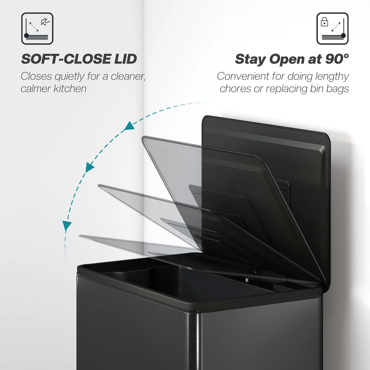 HOMCOM 45L Kitchen Bin, Pedal Bin with Soft-Close and Stay-Open Lid, Removable Inner Bucket, Odor Control for Kitchen, Office