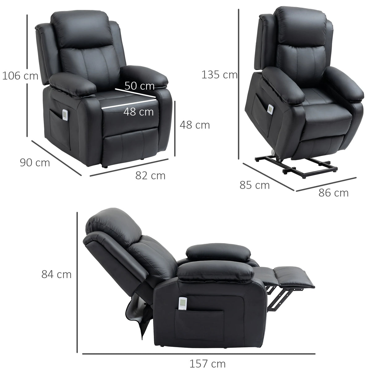 HOMCOM Riser and Recliner Chair with Massage, Power Lift Recliner Chair for Elderly with Remote Control, Extended Footrest, Dual Side Pockets, Overstuffed Electric Reclining Armchair, Black