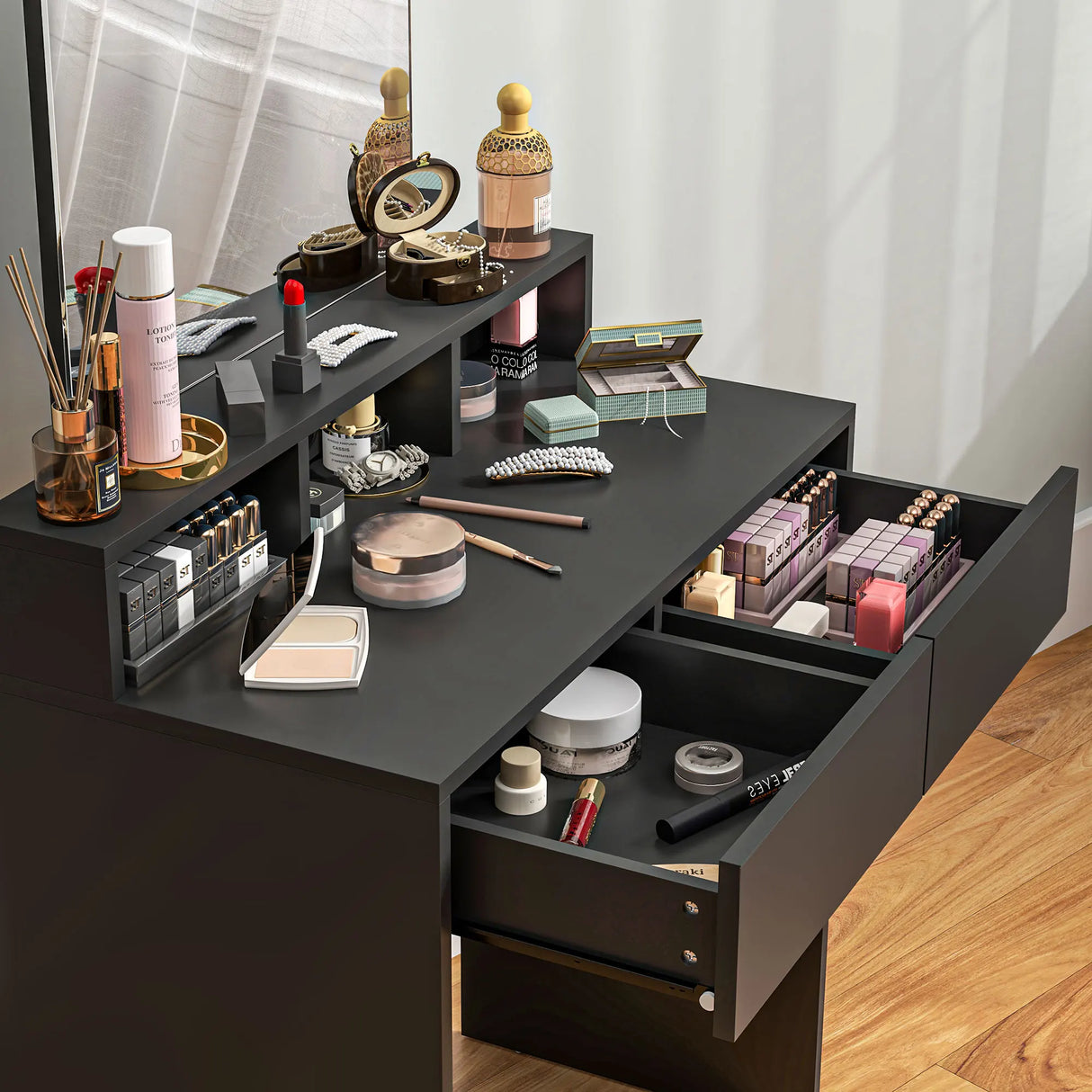 HOMCOM Multi-Storage Dressing Table, with Mirror - Black