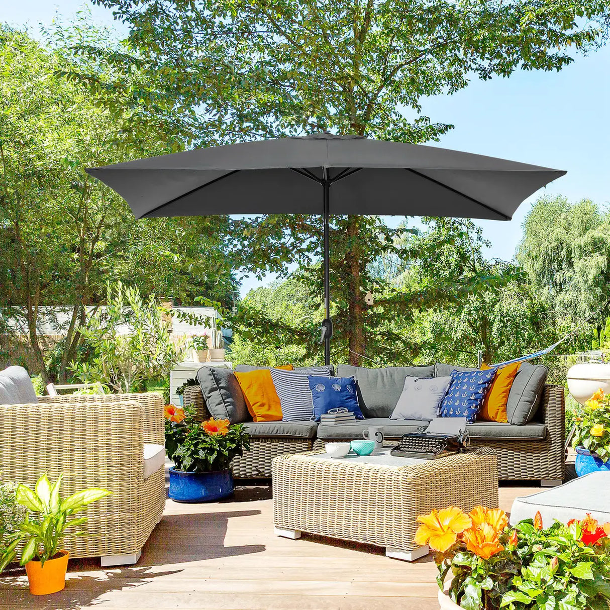 Outsunny 3x2m Patio Parasol Garden Umbrellas Canopy with Aluminium Tilt Crank Rectangular Sun Shade Steel, Black