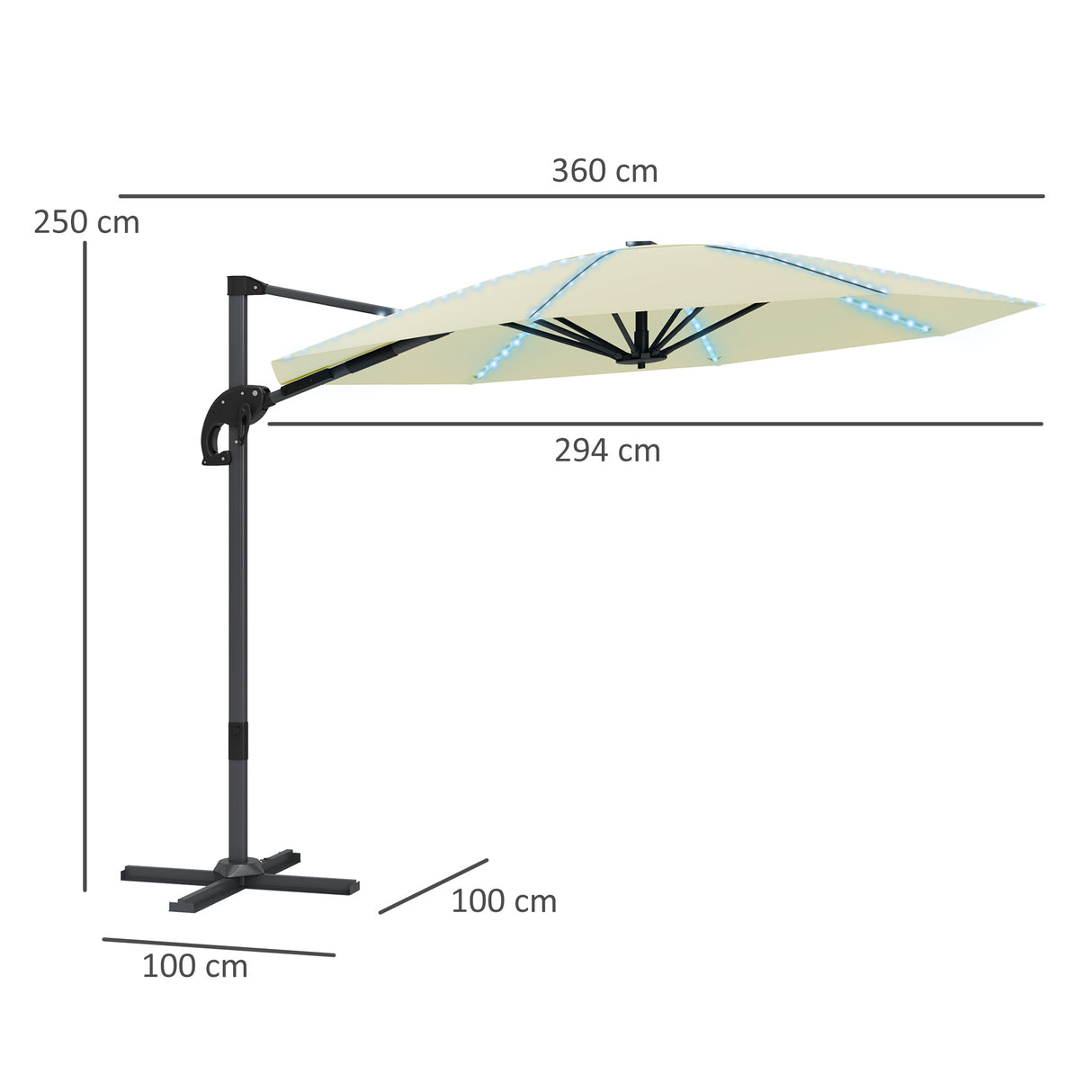 Outsunny 3(m) Cantilever Garden Parasol with Solar Powered Lights, Crank Handle & Cross Base, UPF 50+, 360 Rotation, Cream