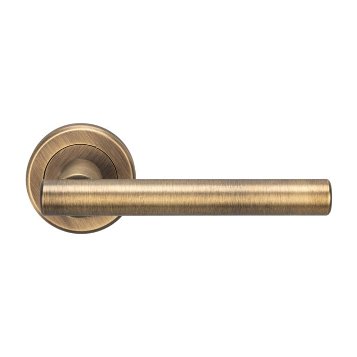PHILADELPHIA LEVER ON SPRUNG SCREW-ON ROUND ROSE - ANTIQUE BRASS - PAIR