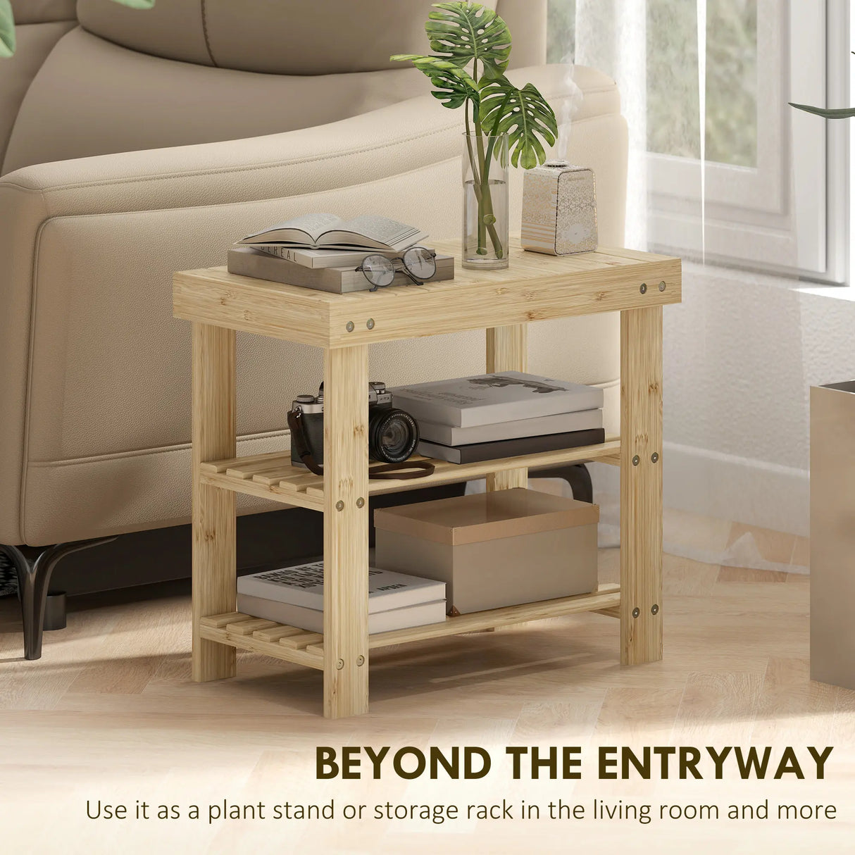 HOMCOM Two Shelf Bamboo Shoe Storage Bench - Natural Finish