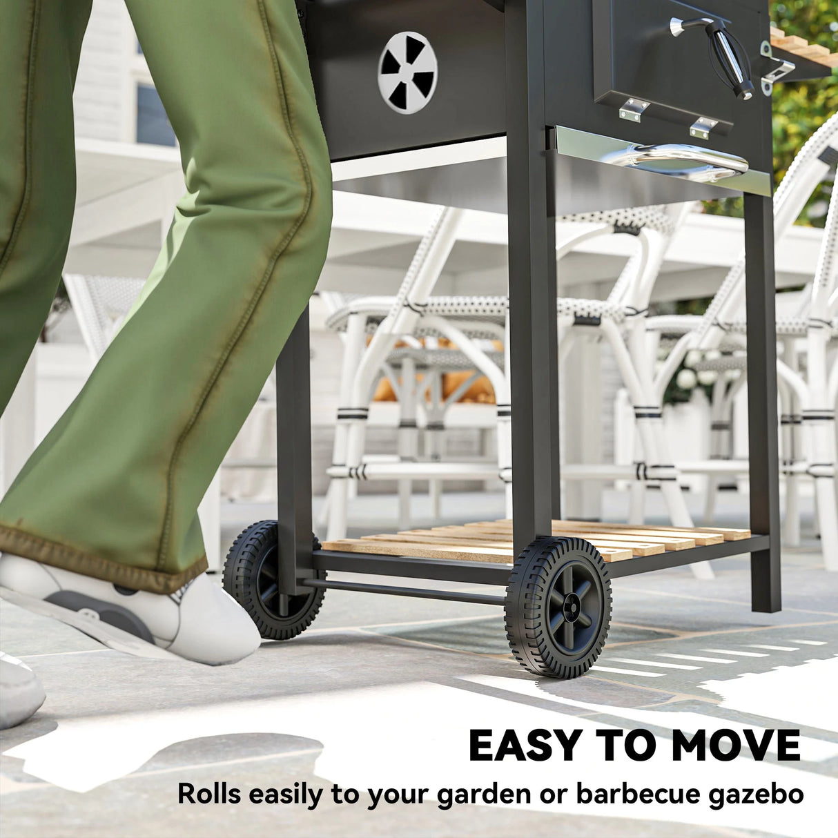 Outsunny Charcoal BBQ Grill with Height Adjustable Charcoal Pan, Barbecue Smoker with Warming Rack, 3 Shelves, Temperature Gauge, Wheels, Bottle Opener for Outdoor Cooking Garden Party