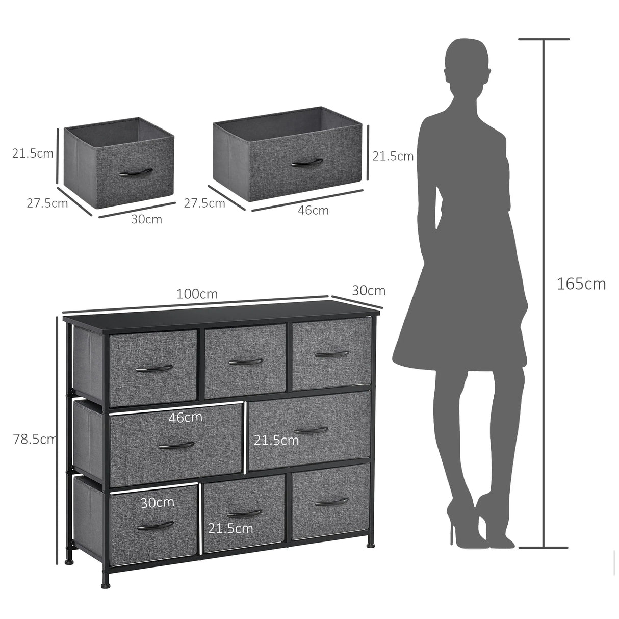 HOMCOM Chest of Drawers with 8 Foldable Drawers, 3-Tier Fabric Bedroom Dresser, Clothes Storage Unit for Bedroom Living Room, Dark Grey