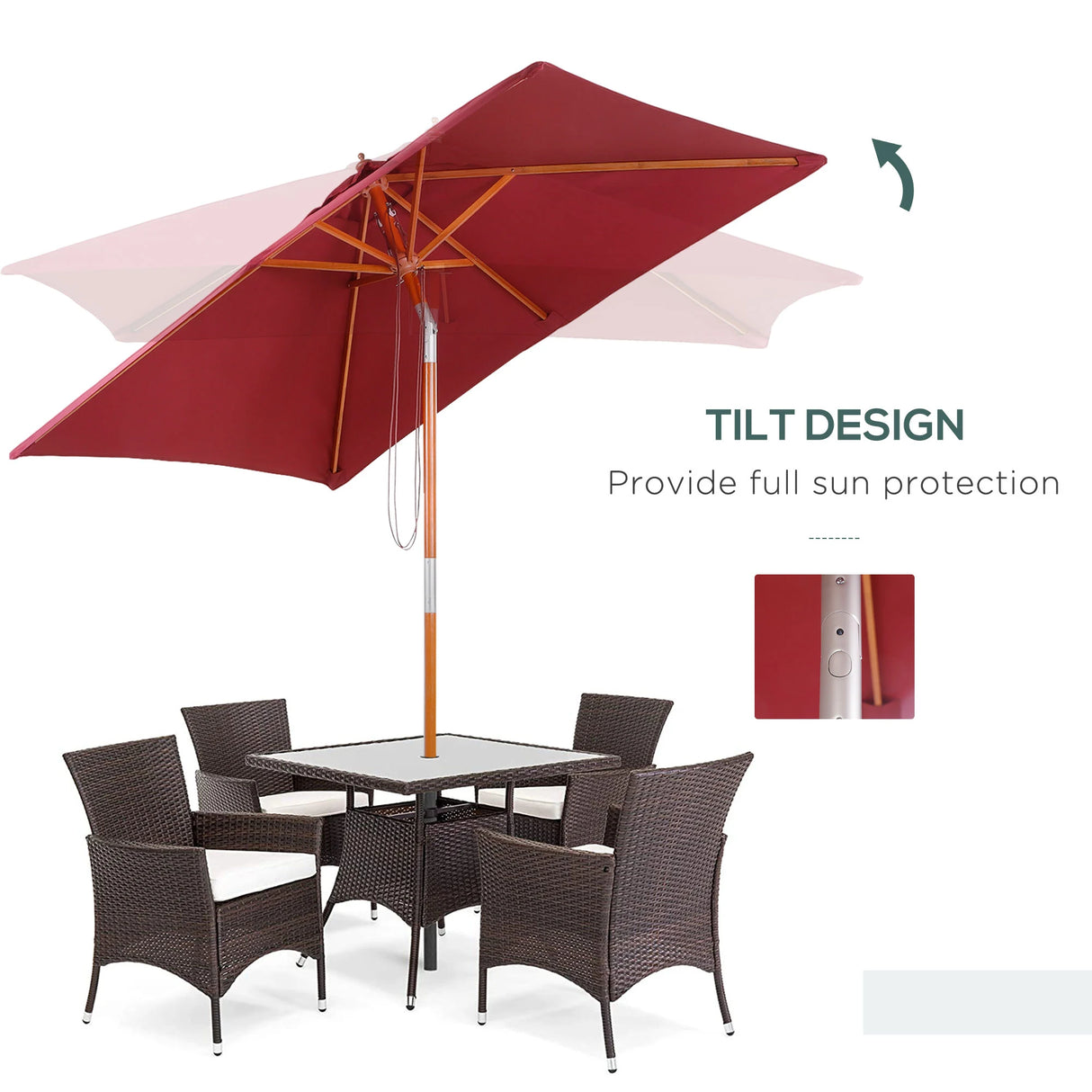Outsunny 2m x 1.5m Garden Parasol Umbrella with Tilting Sunshade Canopy, Outdoor Market Table Umbrella with Wood and Bamboo Frame, Wine Red