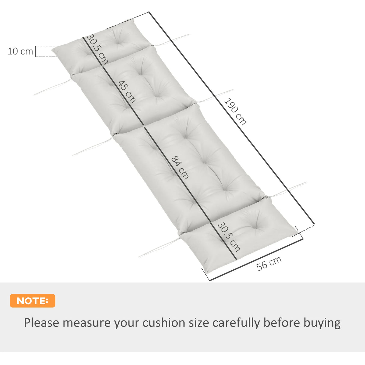 Outsunny Sun Lounger Cushions Only, 190x56x10cm Garden Lounge Chair Cushions, UPF20+ 220gsm Fabric, Thick Sunbed Replacement Pads with 6 Ties, Light Grey