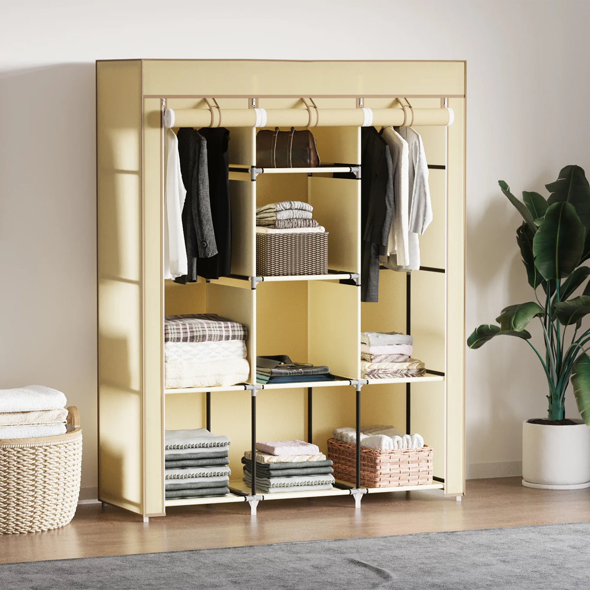 HOMCOM Fabric Wardrobe, with Rails and Shelves - Beige