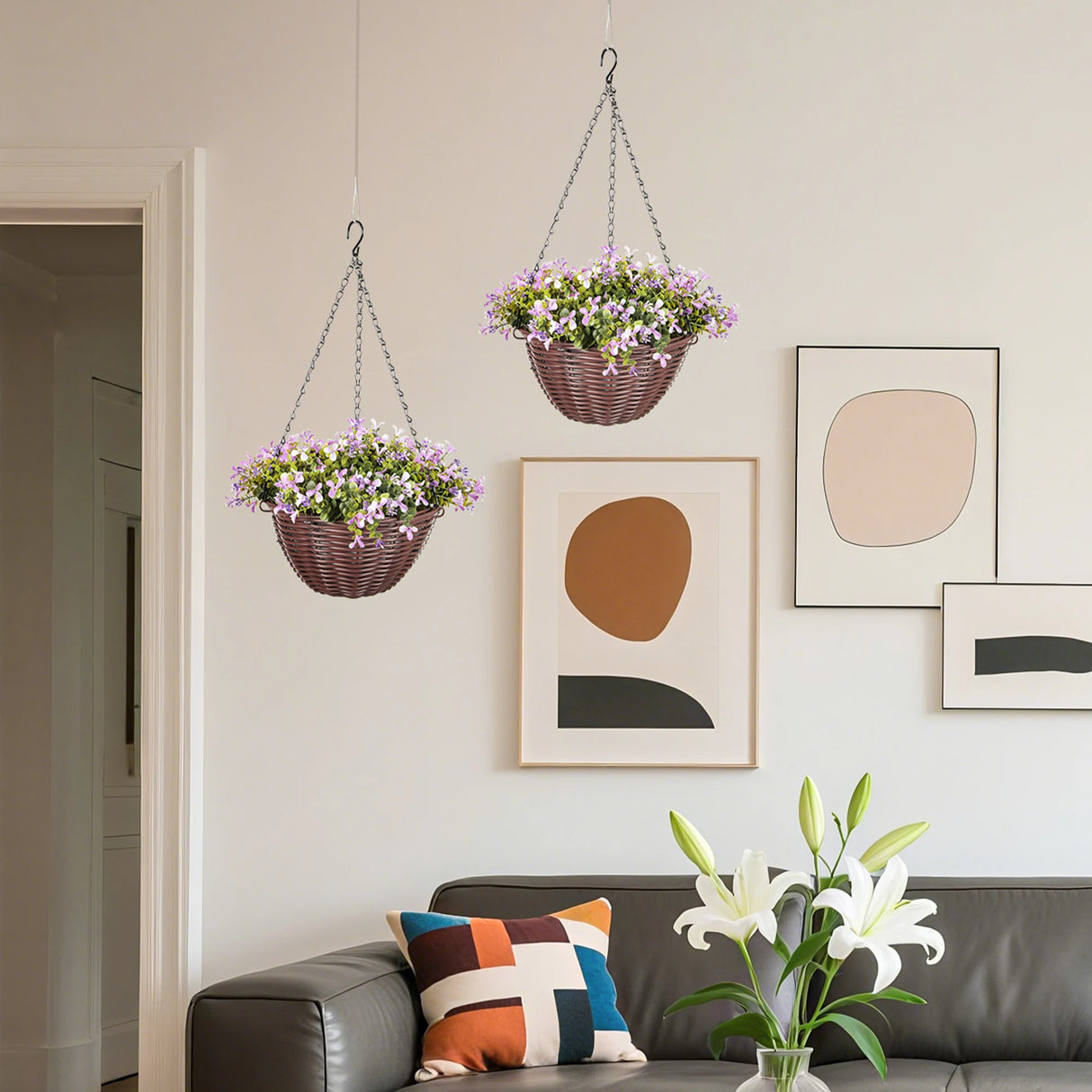 HOMCOM Artificial Flowers in Basket Set of 2, Artificial Hanging Baskets with 75 Leaves and 15 Flowers in Pot, Decorative Plant for Home Office Decor, Purple