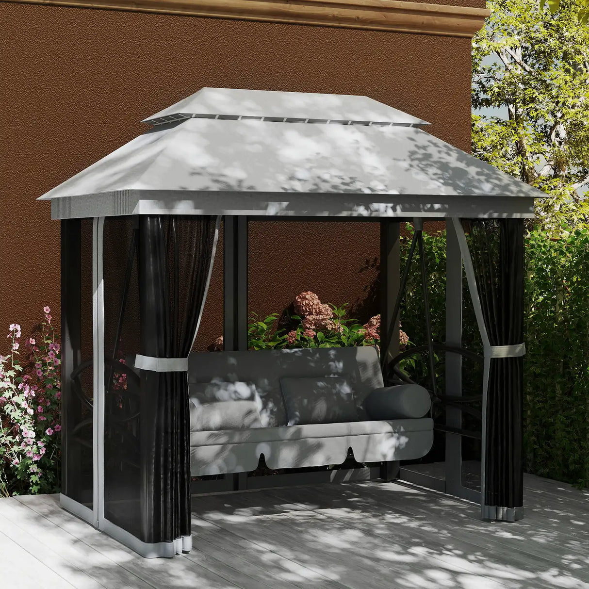 Outsunny 3 Seater Swing Chair Hammock Gazebo Lounger Cushioned Seat Waterproof Grey