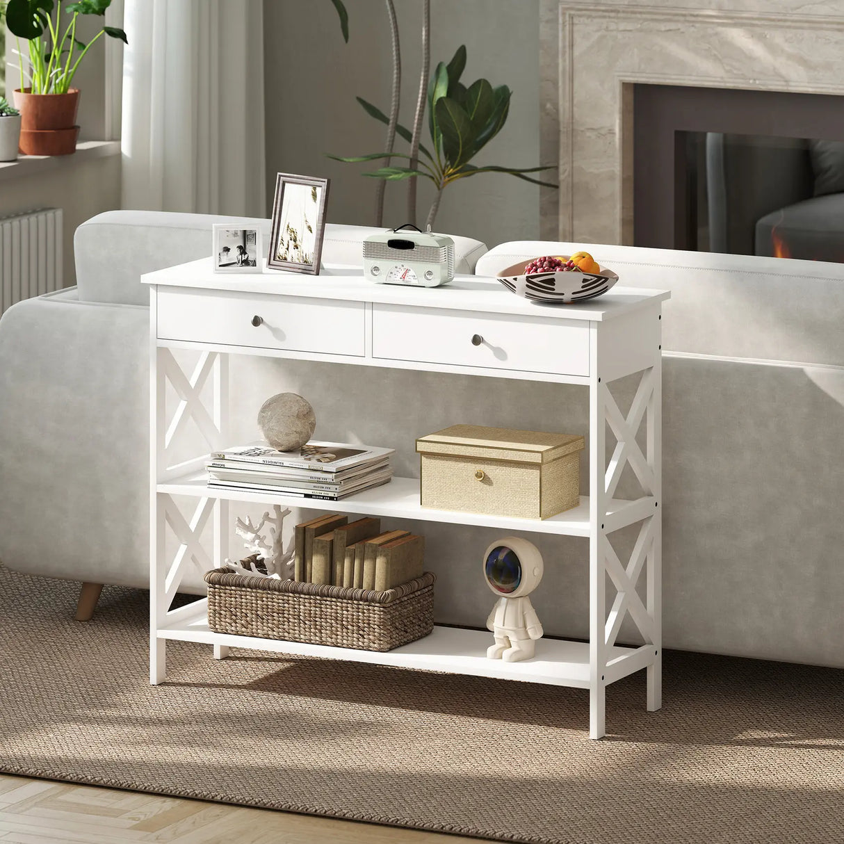 HOMCOM Console Table Side Desk w/ Shelves Drawers Open Top X Support Frame Living Room Hallway Home Office Furniture White