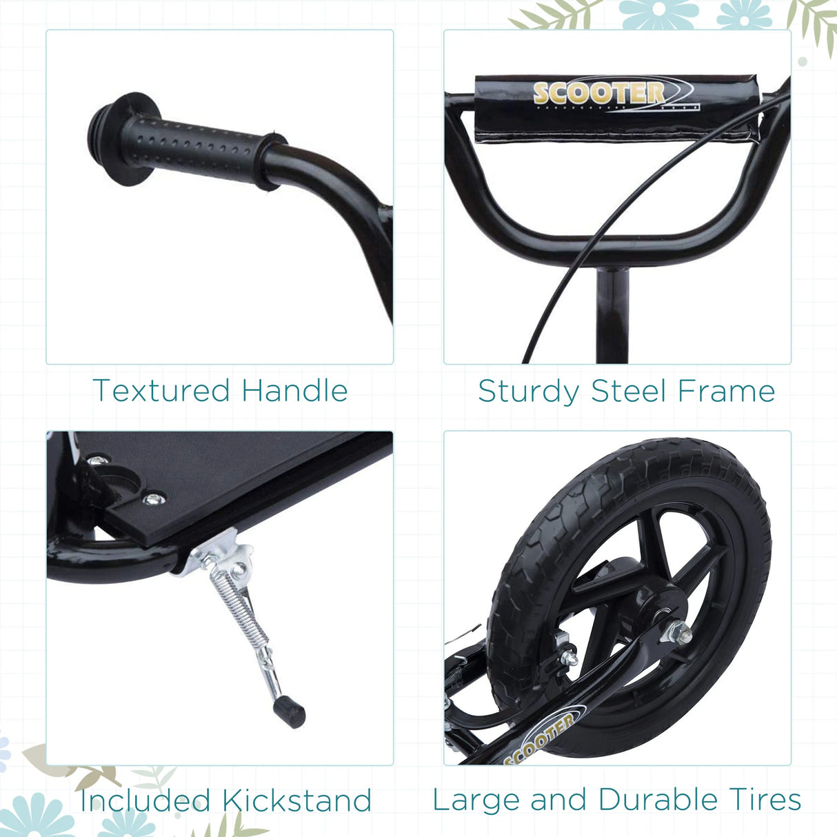 HOMCOM Kids Scooter Kick Scooter, with 12" EVA Tyres, Rear Brake, Big Wheels Scooter for 5-12 Years , Black