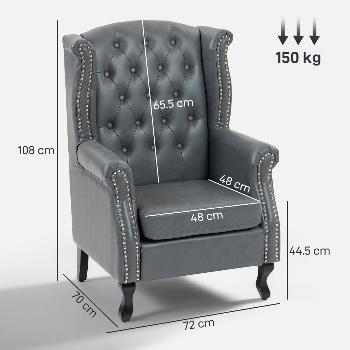 HOMCOM Wingback Accent Chair Tufted Chesterfield-style Armchair with Nail Head Trim for Living Room Bedroom Grey