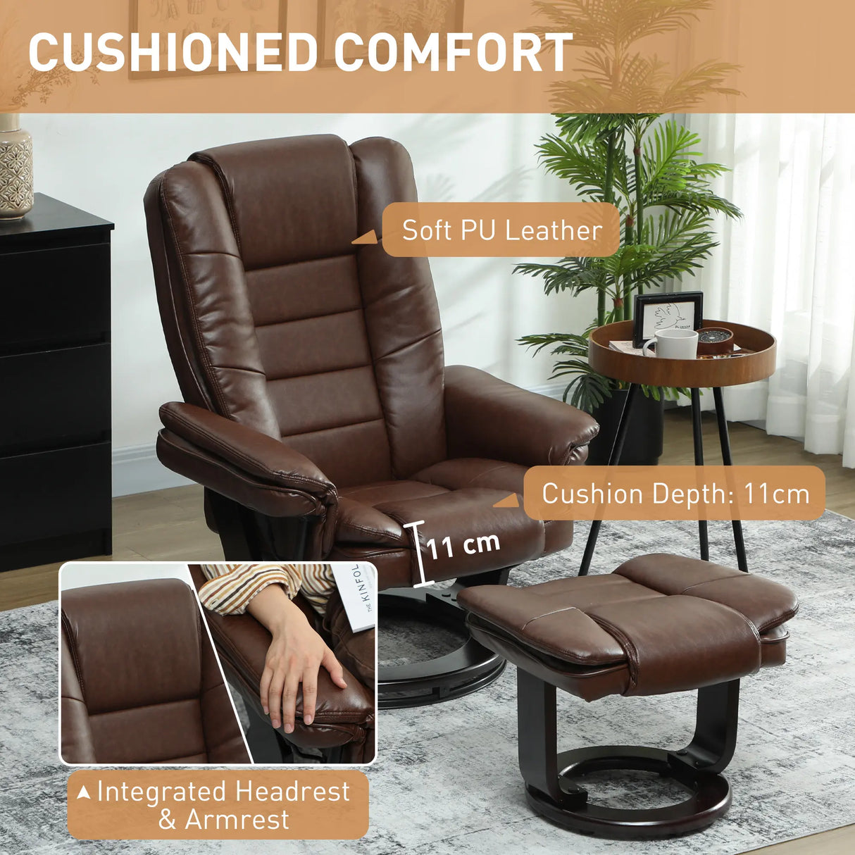 HOMCOM Faux Leather 135 Reclining Chair and Footstool - Brown